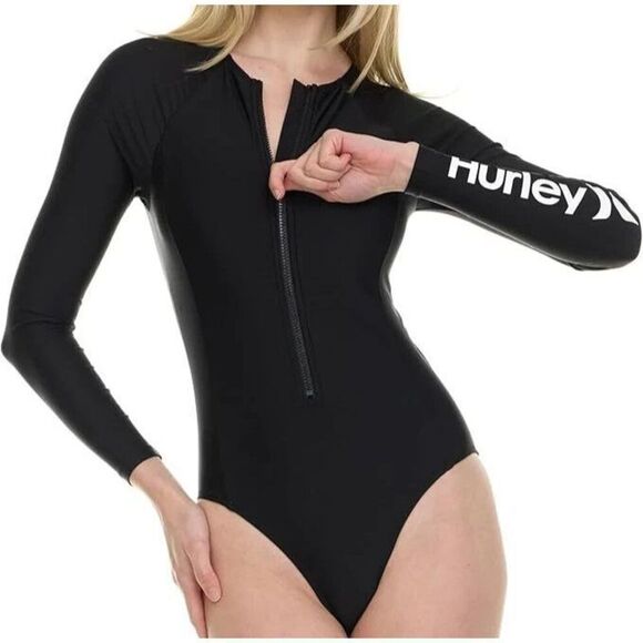 Hurley Women's Sz L Black L/S 1-Pc Front Zip Bodysuit/Swimsuit Surf Rashguard - Picture 5 of 6